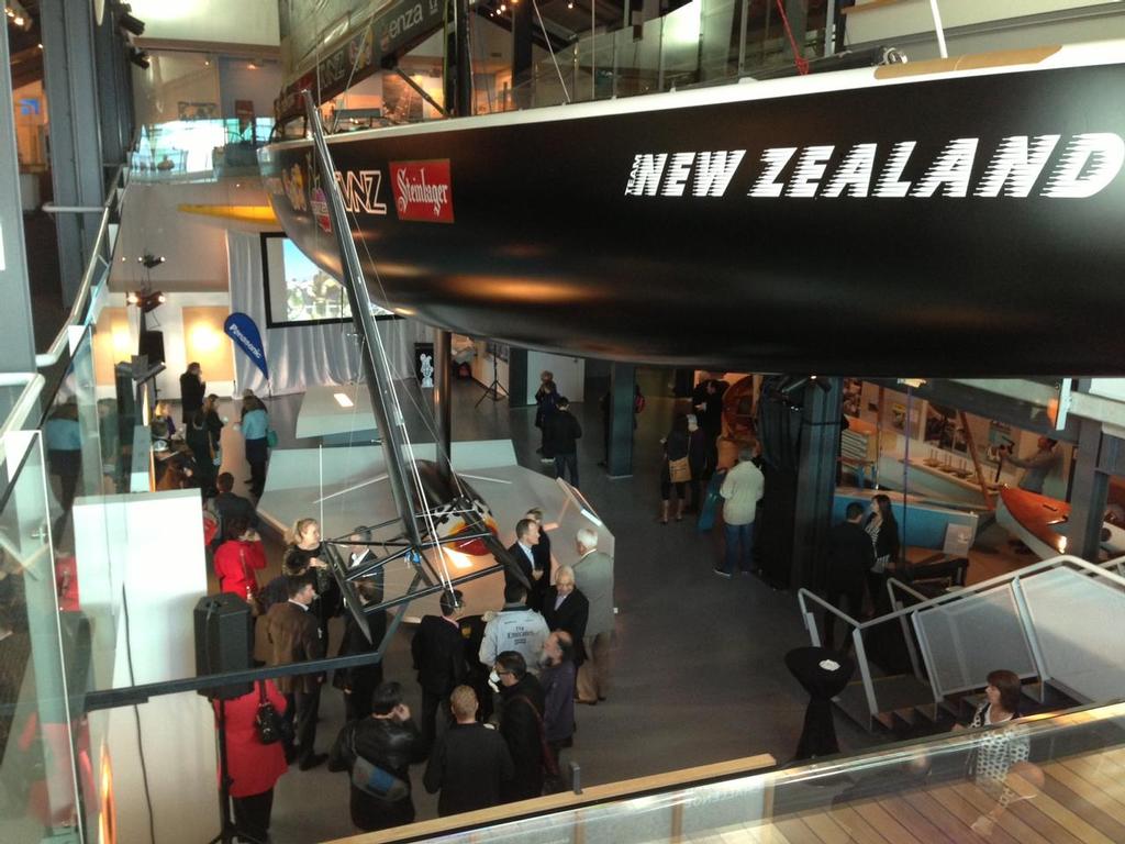 Pre-race crowd under NZL32 Black Magic with ETNZ’s AC72 wind tunnel test model flying alongside - Americas Cup - photo © Colin Preston